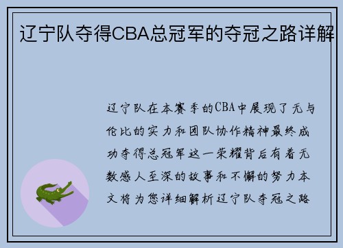 辽宁队夺得CBA总冠军的夺冠之路详解